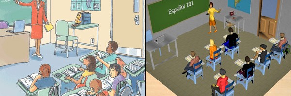 Figure 1. Image on the left represents the textbook classroom. The image on the right represents the 3D models developed for the Experiment 1